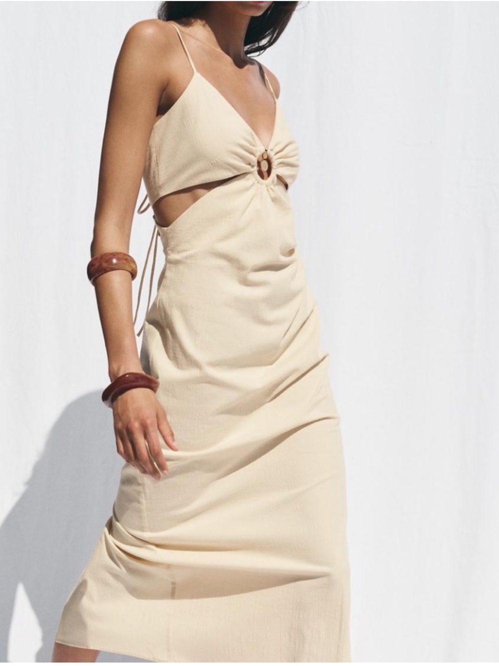 Zara Cut Out Cream Rustic Midi Dress with Gold Accent